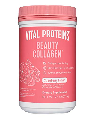 Vital Proteins Beauty Collagen Peptides Powder Supplement for Women, 120mg of Hyaluronic Acid, 15g of Collagen Per Serving, Enhances Skin Elasticity and Hydration, Strawberry Lemon, 9.6oz Canister