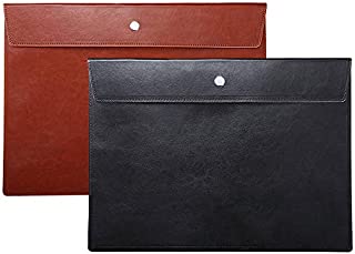 File Folder Pockets File Jacket PU Leather Envelope Flat Document Letter Organizer Cover Portfolio File Pouch Waterproof with Snap Button Closure A4 Letter Size Pack of 2, Black and Brown