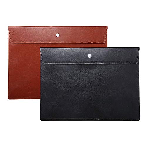 File Folder Pockets File Jacket PU Leather Envelope Flat Document Letter Organizer Cover Portfolio File Pouch Waterproof with Snap Button Closure A4 Letter Size Pack of 2, Black and Brown