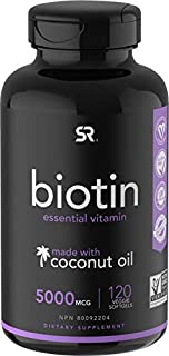 Biotin (5,000mcg) with Coconut Oil | Supports Healthy Hair, Skin & Nails in Biotin deficient Individuals | Non-GMO Verified & Vegan Certified (120 Veggie-Softgels)