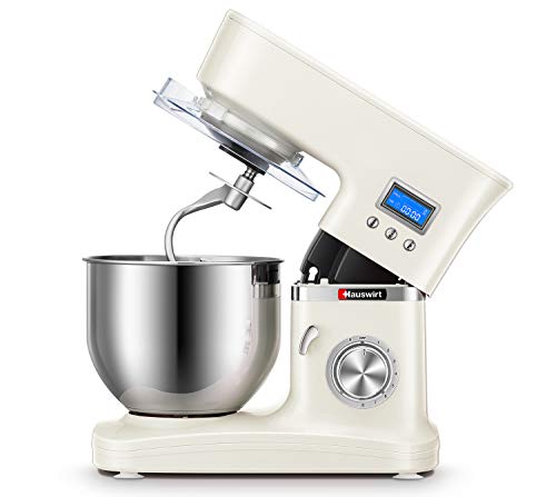 Hauswirt Stand Mixer, 3-IN-1 5.3Qt Tilt-Head Electric Kitchen Tool with Timer, 8 Speeds & Pulse, Planetary Mixing, Includes Stainless Steel Dough Hook, Flat Beater, Wire Whip, Pouring Shield - White