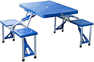 Outsunny Portable Foldable Camping Picnic Table with Seats Chairs and Umbrella Hole, 4-Kids Fold Up Travel Picnic Table, Blue