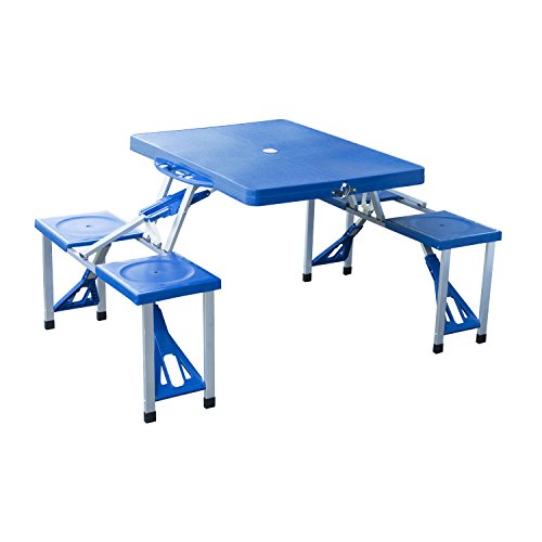 Outsunny Portable Foldable Camping Picnic Table with Seats Chairs and Umbrella Hole, 4-Kids Fold Up Travel Picnic Table, Blue