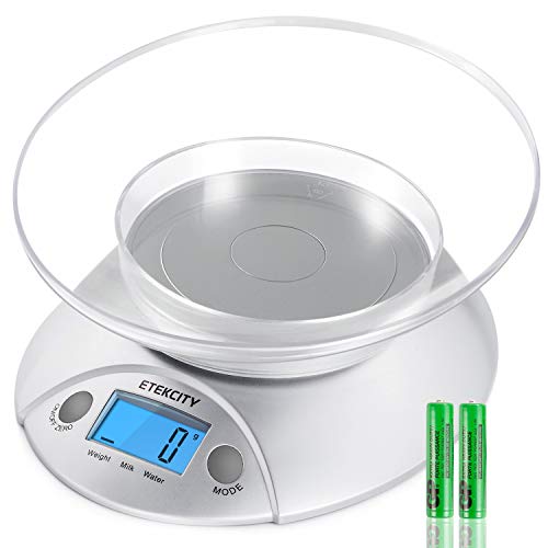 Etekcity Food Kitchen Bowl Scale, Digital Grams and Oz for Cooking, Baking, Weight Loss, Meal Prep, Shipping, and Dieting, 11lb/5kg, Silver Backlit Display