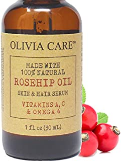 Rosehip Seed Oil Serum By Olivia Care - 100% Natural Moisturizer for Face, Body & Skin. Packed with Vitamins E, C, A & Omega 6 -Treat Wrinkles, Acne Scars, Sun Spots, Dark Circles & Anti-Aging - 1 OZ