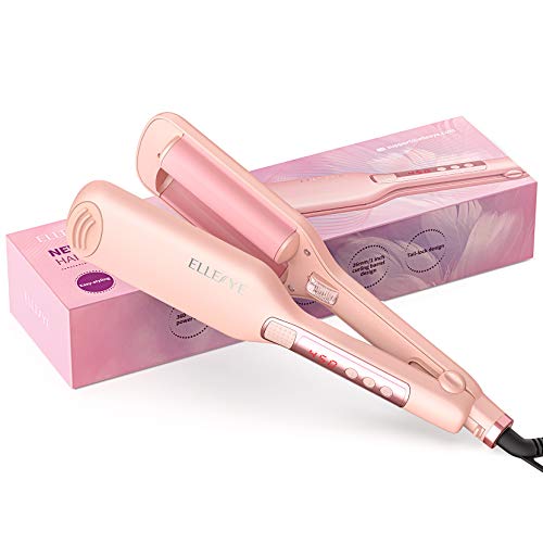 Hair Waver Iron,ELLESYE Ceramic Two Barrels Curling Iron Wand with 14 Temperatures 210-450 for Beachy Waves,60min Auto-Off 1 inch/25 mm Hair Crimpers and Wavers with LCD,Double Cooling Plates ,Negat