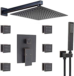 Bathroom Luxury 12 Inch Oil Rubbed Bronze Rain Mixer Shower Faucet System with Body Spray Jets Combo Complete Set Wall Mounted