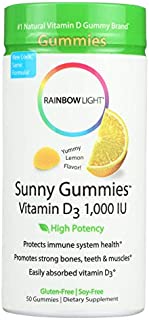 Rainbow Light - Sunny Gummies Vitamin D3 1000 IU, Support for Healthy Bones, Muscles, and Immunity in a Family-Friendly Chewable with Vitamin D3, Soy-Free, Gluten-Free, Sour Lemon, 50 Gummy Drops