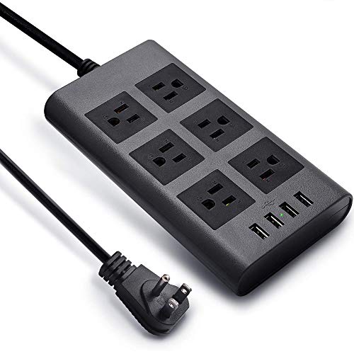10ft 14AWG 15A 2.4A USB Power Strip Surge Protector SUPERDANNY Heavy Duty Extension Cord Flat Plug 6-Outlet 4-USB Fast Charging Ports for Phone iPad Computer Desktop Home Office Gray Black