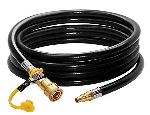 DOZYANT 12 feet Low Pressure Propane Quick-Connect Hose, RV Quick Connect Propane Hose, Quick Disconnect Propane Hose Extension - 1/4 Safety Shutoff Valve & Male Full Flow Plug for RVs