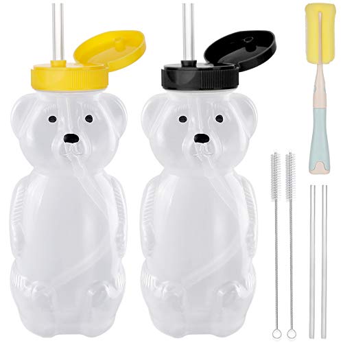 2 Pack Honey Bear Straw Cups with 4 Flexible Straws & Cleaning Tools(2 Straw Brushes &1 Bottle Brush), 8-Ounce Therapy Sippy Bottles for Speech and Feeding Training, Leak-Proof & Food-Grade & BPA Free