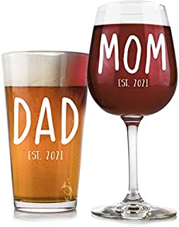 New Parents 2021 Pregnancy Announcement 16 oz. Pint Glass, 12.75 oz. Wine Glass Set - Unique Christmas Gift For Parents To Be - Perfect Present For Baby Showers - Mom and Dad Gift (White)