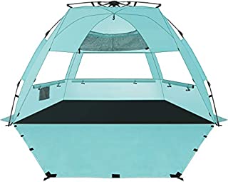 KOON Beach Tent Sun Shelter Pop Up XL - Easy Setup Beach Shade for 3-4 Person with UPF 50+ Protection, Extended Floor & 3 Ventilation WindowsCarrying Bag (Cyan)