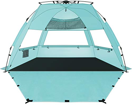 KOON Beach Tent Sun Shelter Pop Up XL - Easy Setup Beach Shade for 3-4 Person with UPF 50+ Protection, Extended Floor & 3 Ventilation WindowsCarrying Bag (Cyan)