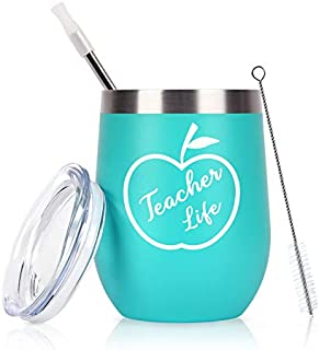 Teacher Gifts, Teacher Life Wine Tumbler with Lid, Teacher Appreciation Christmas Birthday Gifts for Women Teachers Professors Coworker, Insulated Stainless Steel Stemless Wine Tumbler (12 Oz, Mint)