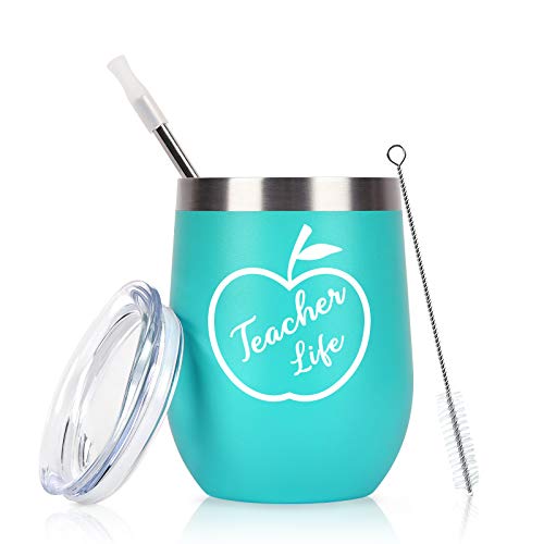 Teacher Gifts, Teacher Life Wine Tumbler with Lid, Teacher Appreciation Christmas Birthday Gifts for Women Teachers Professors Coworker, Insulated Stainless Steel Stemless Wine Tumbler (12 Oz, Mint)