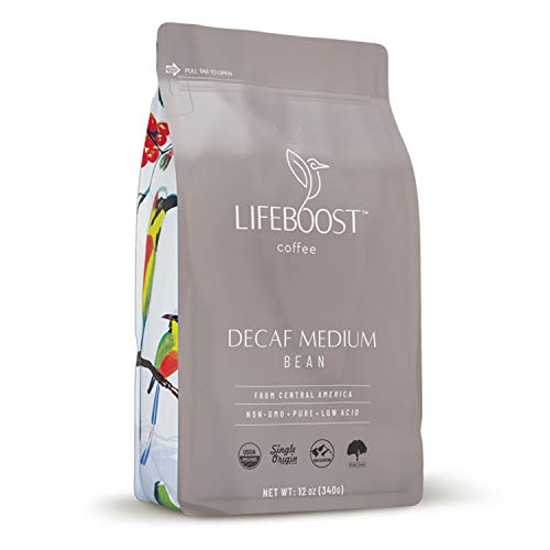 Lifeboost Coffee Medium Swiss Water Decaf Coffee Whole Bean - Low Acid Single Origin USDA Decaf Organic Coffee - Fair Trade Coffee Beans Third Party Tested For Mycotoxins & Pesticides - 12 Ounces