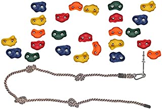 Jungle Gym Kingdom DIY 25 Rock Climbing Ninja Hand Holds with Robust 8 Foot Knotted Rope Build Childrens Playground Wall Kids Indoor Outdoor Play Sets with Mounting Hardware