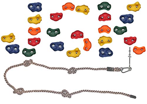 Jungle Gym Kingdom DIY 25 Rock Climbing Ninja Hand Holds with Robust 8 Foot Knotted Rope Build Childrens Playground Wall Kids Indoor Outdoor Play Sets with Mounting Hardware