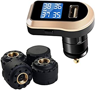 Vesafe Wireless Tire Pressure Monitoring System (TPMS), with 4 External Cap sensors. (Cigarette Lighter Plug with 2A Charging) (Color)