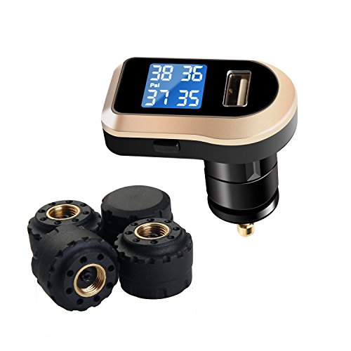 Vesafe Wireless Tire Pressure Monitoring System (TPMS), with 4 External Cap sensors. (Cigarette Lighter Plug with 2A Charging) (Color)