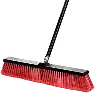 Alpine Industries Push Broom Heavy Duty Smooth Surface Broom Deck Scrubber Long Handle Commercial Floor Scrub Broom Cleans Dirt, Debris, Sand, Mud, Leaves and Water (Red, 24 in)