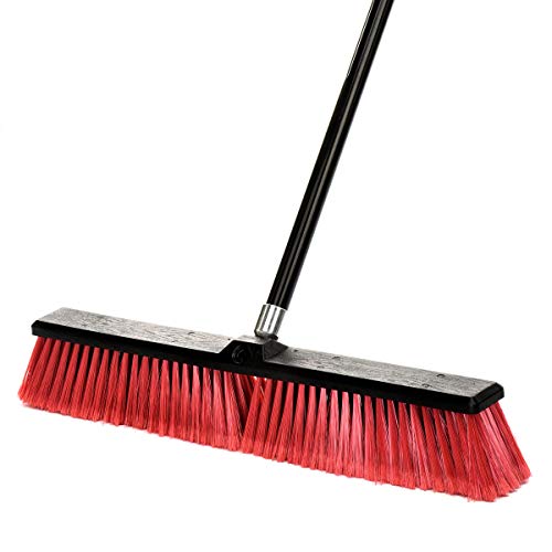 Alpine Industries Push Broom Heavy Duty Smooth Surface Broom Deck Scrubber Long Handle Commercial Floor Scrub Broom Cleans Dirt, Debris, Sand, Mud, Leaves and Water (Red, 24 in)