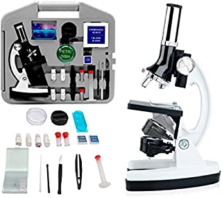 Microscope Kit for Kids100X-1200X 52-Pieces Student Beginner Microscope STEM Kit with Metal Body Microscope, Plastic Slides, LED Light and Carrying Box(Gray)