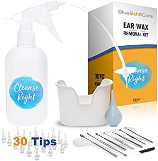 Cleanse Right Ear Wax Removal Kit- 8 PCS Curette Tool (Spoon, Spiral) 30 Disposable Tips! Wash Basin, Syringe. Cleaner Irrigation Tool to Remove Earwax Blockage - Device for Adults and Kids