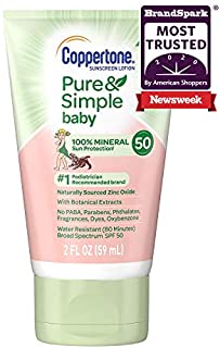 Coppertone Pure & Simple Baby SPF 50 Sunscreen Lotion, Tear Free, Water Resistant, #1 Pediatrician Recommended brand, +100% Natural Botanicals, Broad Spectrum UVA/UVB Protection, Travel Size, 2 Ounce