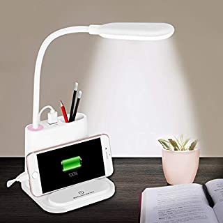 LED Desk Lamp, NovoLido Rechargeable Desk Lamp with USB Charging Port & Pen Holder, 2 Color Modes & Stepless Dimming, 360° Flexible Metal Hose, Mini Cute Lamp for College Dorm Bedroom Reading, White