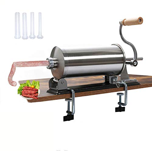 uyoyous 6LBS/3L Sausage Stuffer Horizontal Manual Sausage Stuffer Kit Stainless Steel Hand Sausage Making Machine With 4 Size Tubes for 2-inch Table Home Commercial Use