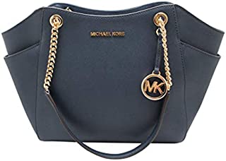 Michael Kors Jet Set Travel Large Chain Shoulder Tote Navy Blue Leather