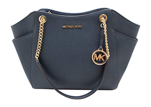 Michael Kors Jet Set Travel Large Chain Shoulder Tote Navy Blue Leather