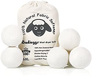 Budieggs Wool Dryer Balls Organic XL 6-Pack, 100% New Zealand Chemical Free Fabric Softener for 1000+ Loads, Baby Safe & Hypoallergenic, Reduce Wrinkles & Shorten Drying Time Naturally