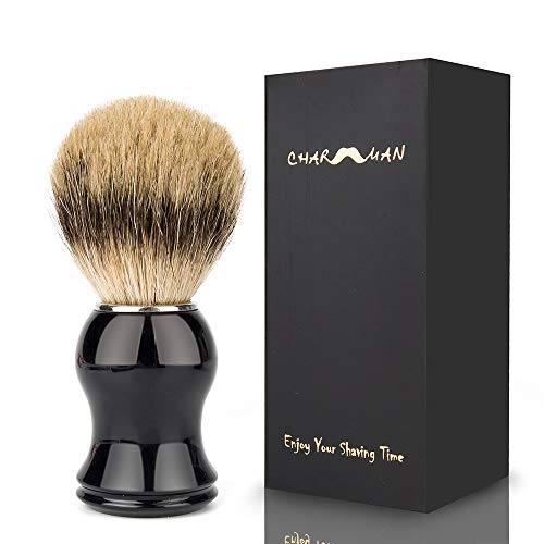 CHARMMAN Genuine Badger Bristle Shaving Cream & Soap Brush, Black Resin Handle