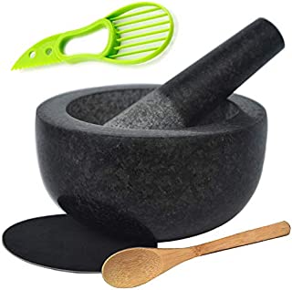 Large Granite Mortar and Pestle Set 6.3 inch, Cozymat Molcajete, Salsa Pestos Guacamole Bowl, Herbs and Spices Grinder, with EVA Anti-scratch Pad& Spoon, Black