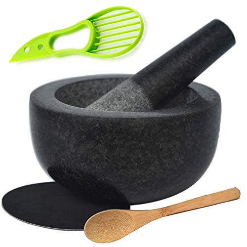 Large Granite Mortar and Pestle Set 6.3 inch, Cozymat Molcajete, Salsa Pestos Guacamole Bowl, Herbs and Spices Grinder, with EVA Anti-scratch Pad& Spoon, Black