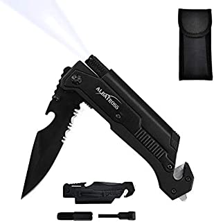 7-in-1 Dispatcher Tactical Knife with Glass Breaker, Seatbelt Cutter,Steel Serrated Blade,Flashlight,Fire Starter,Bottle Opener and Carrying bag, Good for Military Emergency Outdoor Rescue (1-Black)