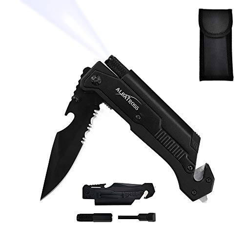 7-in-1 Dispatcher Tactical Knife with Glass Breaker, Seatbelt Cutter,Steel Serrated Blade,Flashlight,Fire Starter,Bottle Opener and Carrying bag, Good for Military Emergency Outdoor Rescue (1-Black)