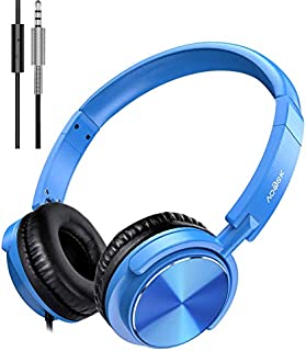Vogek Foldable Headphones with Microphone, Portable Wired Headset with Deep Bass, Safe Volume Limited 94dB, Adjustable Headband and Noise Isolation for Kids Students Teens (Blue)