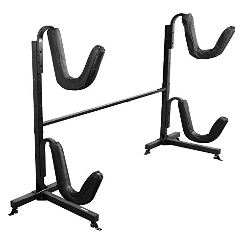 Great Working Tools Kayak Rack Double Kayak Stand, Holds 2 Kayaks or Paddleboards (max wt 175 lbs), Heavy Duty Black Metal Frame with Padded Arms, Freestanding or Floor/Deck Mount Storage