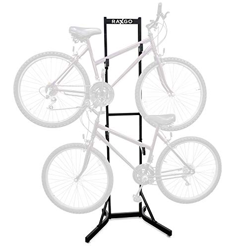 RaxGo Bike Storage Rack, 2 Bicycle Garage Floor Stand, Adjustable, Freestanding, Adjustable Hooks, For Mountain & Road bicycles, Universal For Indoor Use