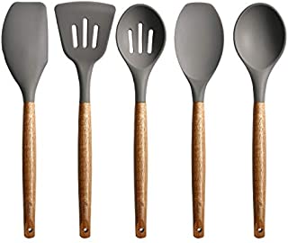 Miusco Non-Stick Silicone Cooking Utensils Set with Natural Acacia Hard Wood Handle, 5 Piece, Grey, High Heat Resistant