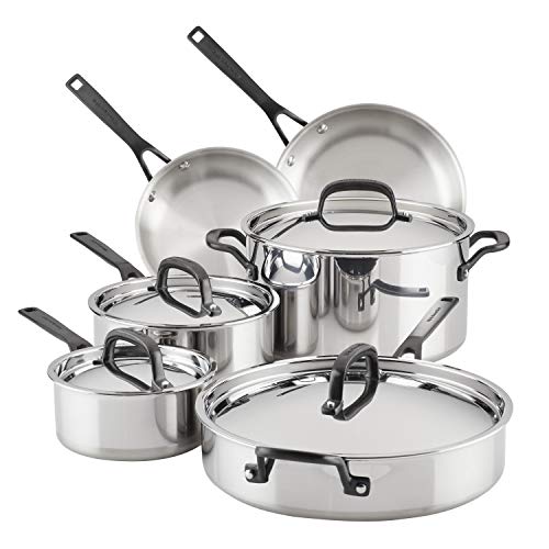 KitchenAid 5-Ply Clad Polished Stainless Steel Cookware Pots and Pans Set, 10 Piece