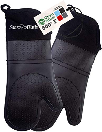 Silicone Oven Mitts Heat Resistant 500 Degrees - 2 Extra Long Silicone Oven Mitt Pot Holders - Food Safe Oven Gloves - BPA Free - Soft Inner Lining - (Black) - Frux Sili Mitts