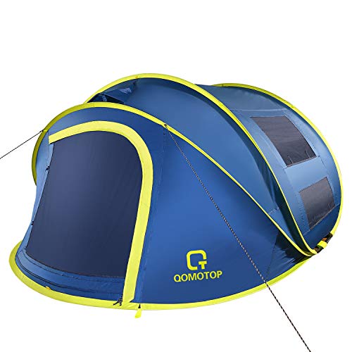 OT QOMOTOP 4 Person Pop up Tent, 9.5×7 with 50 Center Height, 10 Second Setup Instant Tent, Rainproof Tent, 4 Ventilated Mesh Windows, 2 Mesh Doors, Family Camping TentsBlue