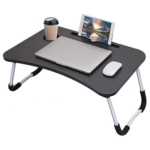 Hossejoy Foldable Laptop Table, Breakfast Serving Bed Tray, Lap Desk with Foldable Leg & Tablet Phone Groove & Cup Slot for Reading Writing Eating on Bed Couch Sofa Floor (Black)