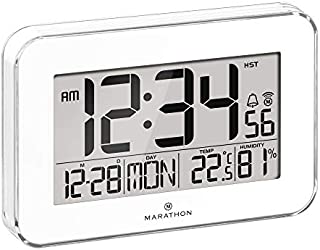 MARATHON CL030060WH Designer Atomic Wall Clock with Polished Acrylic Bezel. Displays Calendar, Indoor Temperature and Humidity. (White)