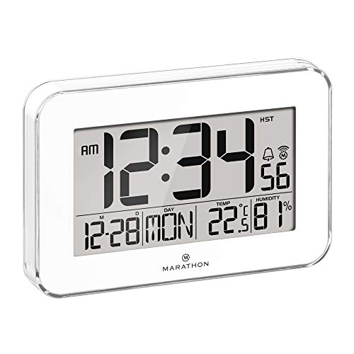 MARATHON CL030060WH Designer Atomic Wall Clock with Polished Acrylic Bezel. Displays Calendar, Indoor Temperature and Humidity. (White)